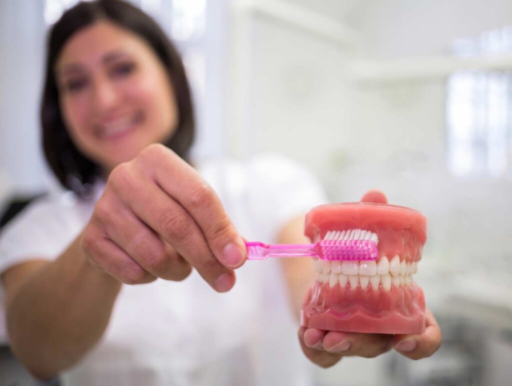 Dentista demonstra como limpar prótese protocolo em modelo de dentes com escova na Herrera Prime em São José dos Campos.